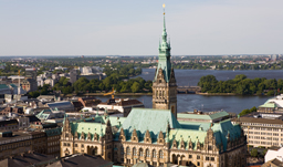 Aerial city view with Rathaus and Elbe River - Hamburg, Germany