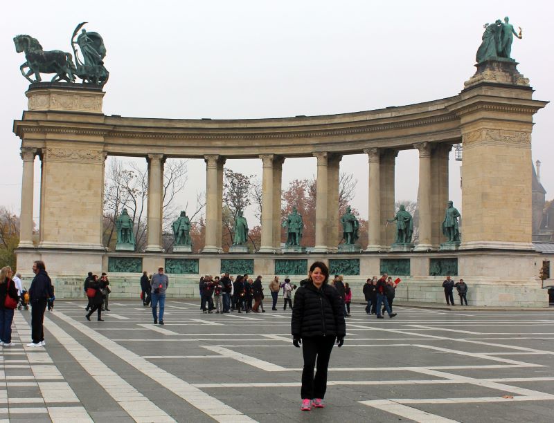 Hungary, Budapest - Heroes’ Square (Hosök tere), historical Hungarian figures and Gothic Revival style buildings.